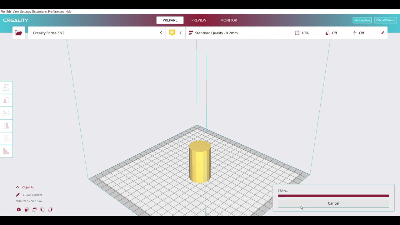 Slice the cylinderusing Creality 