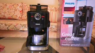 Philips HD7762 Grind & Brew Unboxing! How to set the time for first use and flushing the appliance.