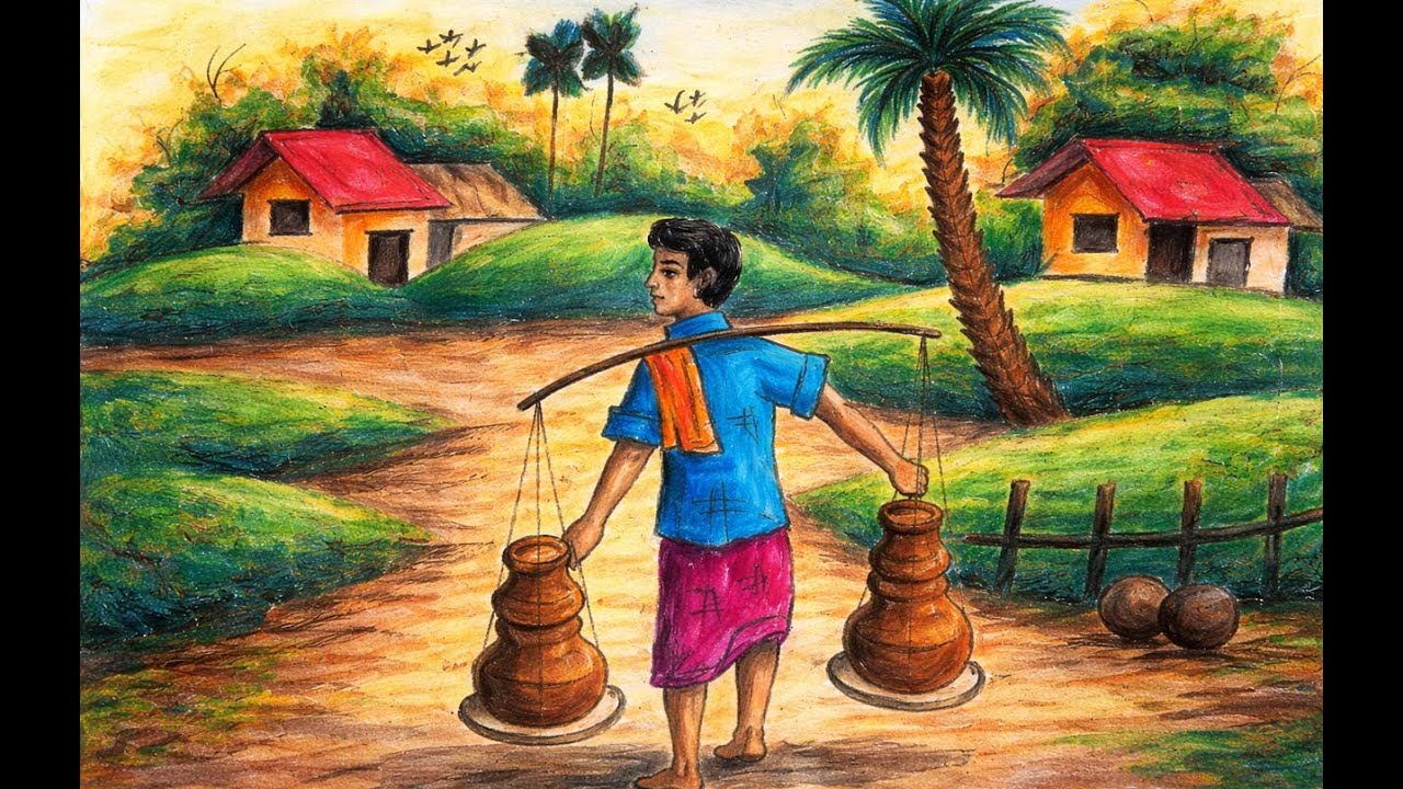How to draw a village scenery | Draw a village salesman | Easy Oil Pastel Nature Scenery | Drawing