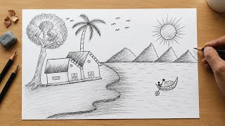  Beautiful Village Riverside Scenery | Easy Pencil Drawing Step by Step | Nature Landscape Sketch