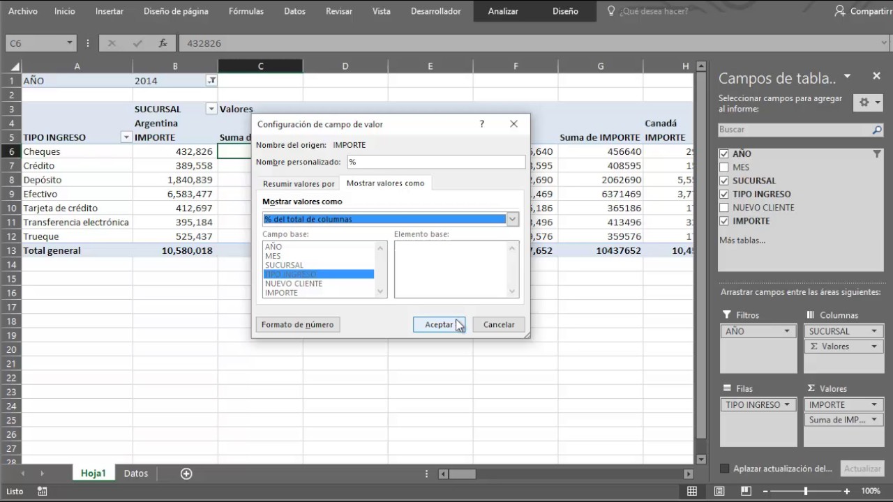 Excel, agregar columna de porcentaje a una Tabla Dinámica [Office 2013