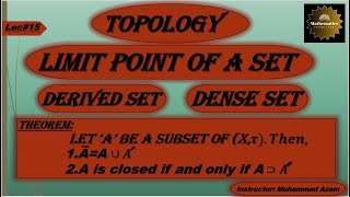 Topology||Lec#15||Limit point of a Set in Topological space||Derived Set||Dense Subset||Examples
