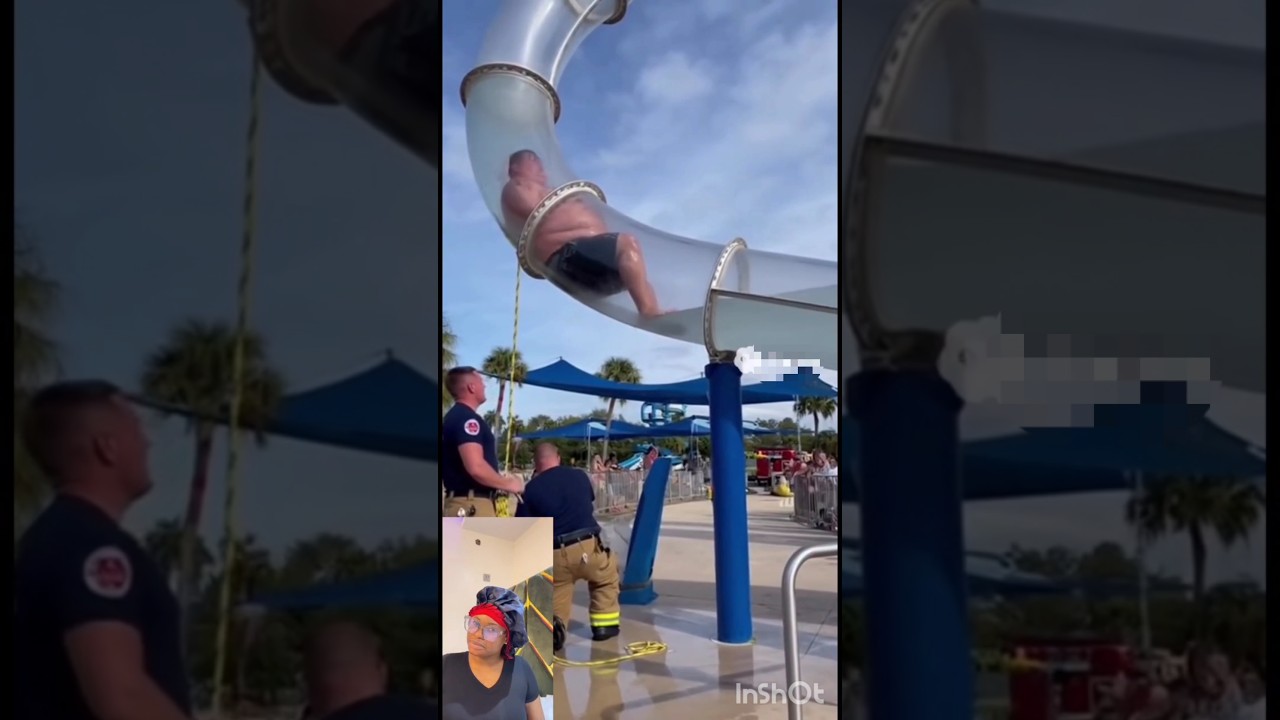 Overweight man stuck in pool slide tube 😂💦