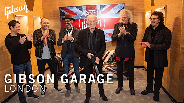 Jimmy Page, Tony Iommi & Sir Brian May celebrate opening of the Gibson Garage London, UK.