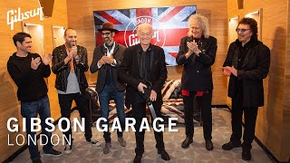 ジミー・ペイジ、トニー・アイオミ、サー・ブライアン・メイが英国ロンドンのギブソン・ガレージのオープンを祝う。