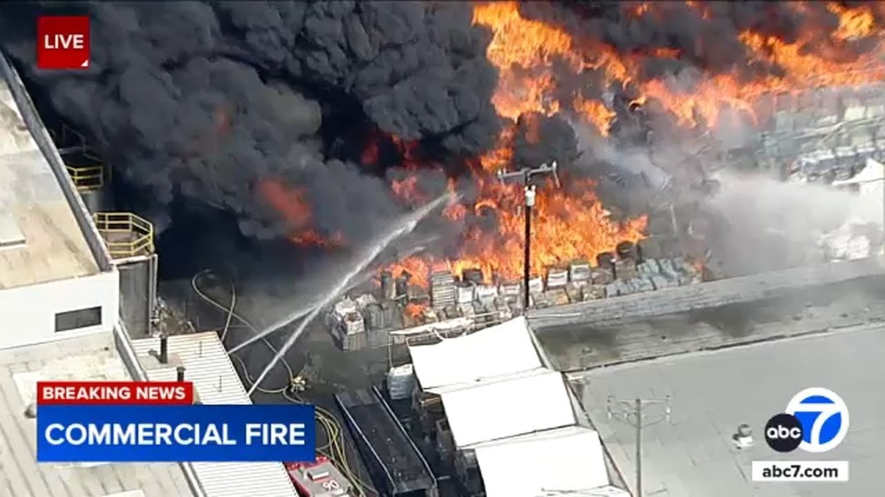 Massive fire rips through pallet yard in Rosemead