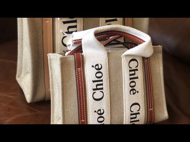 【Chloe】 正規品★ Woody Mini Tote Bag White Brown Chloé Mini Woody Tote Bag In Linen & Leather in Wild grey