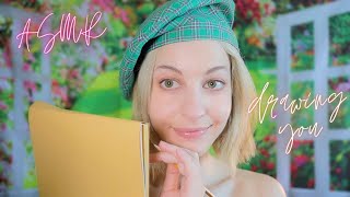 ASMR Sketching Your Portrait in a Spring Garden 🌷🌳⛲(pencil, fountain, birds, whispering n inaudible)