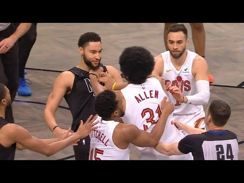 Jarrett Allen charges at Ben Simmons to fight after Ben pushed him to the ground