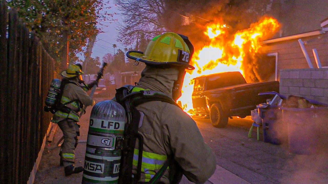 LAFD Pickup Truck Fire Exposing Garage: FS72 (Woodland Hills)