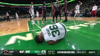 Marcus Smart went to the locker room with an apparent leg injury after a collision with Kyle Lowry