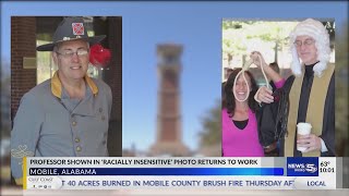 Professor shown in racially insensitive photo returns to work
