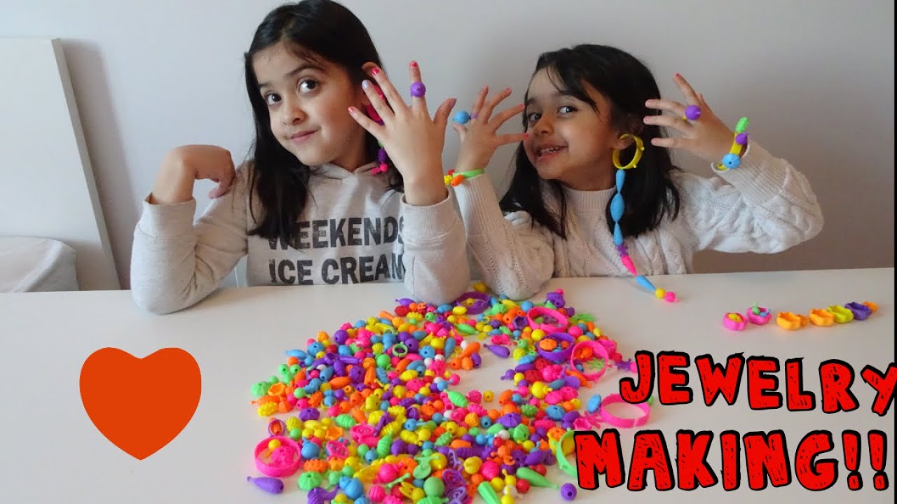 Making jewelry! Kids making colourful bracelets rings earrings! Fun