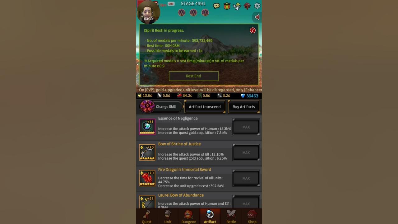 Endless Frontier, spirit rest, end game artifacts and my artifact