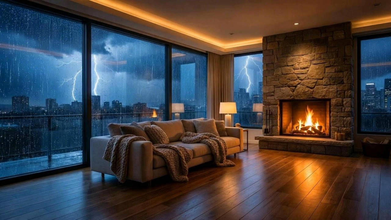 Cozy Apartment Fireplace in Thunderstorm Rain Sounds for Sleep and Relaxation
