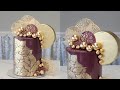 Asymmetrical abstract modern gold stenciled ginkgo leaf cake  cake decorating tutorial