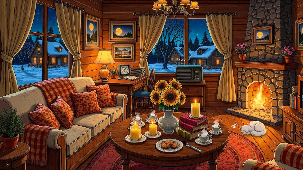 A Cozy Night close to the Fireplace with Oldies Music Playing in Another Room for Sleep & Relaxation
