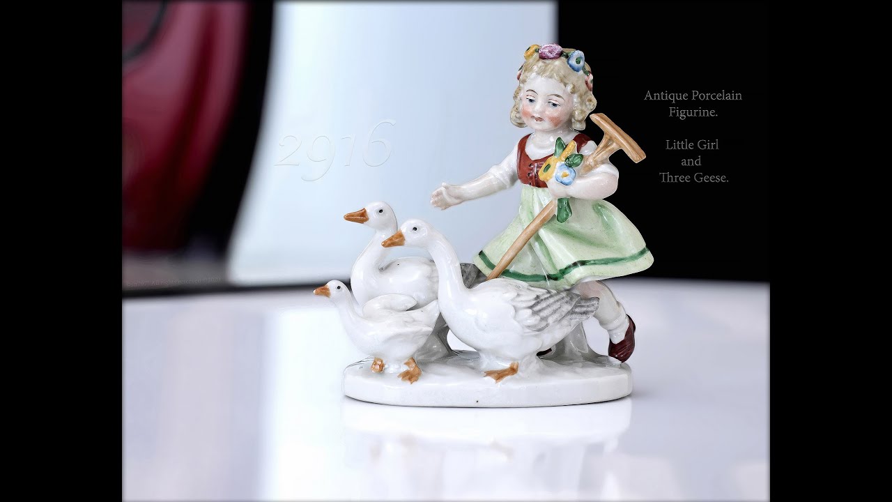 Rare Antique Porcelain Figurine. H. REINL. Germany. 1920s. Little Girl and Three Geese.