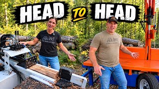 Man vs Woman! Comparing Vertical vs Horizontal Splitting! #firewood #woodsplitting #woodsplitter