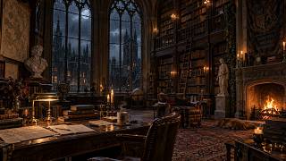 Dark Academia Library at Midnight 🕯️ Rain, Fireplace & Soft Piano for Reading & Study | No ads screenshot 5