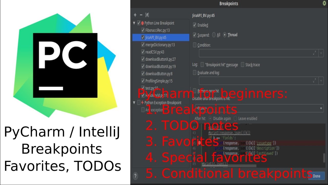 PyCharm - Breakpoints, Favorites, TODOs simple examples - YouTube