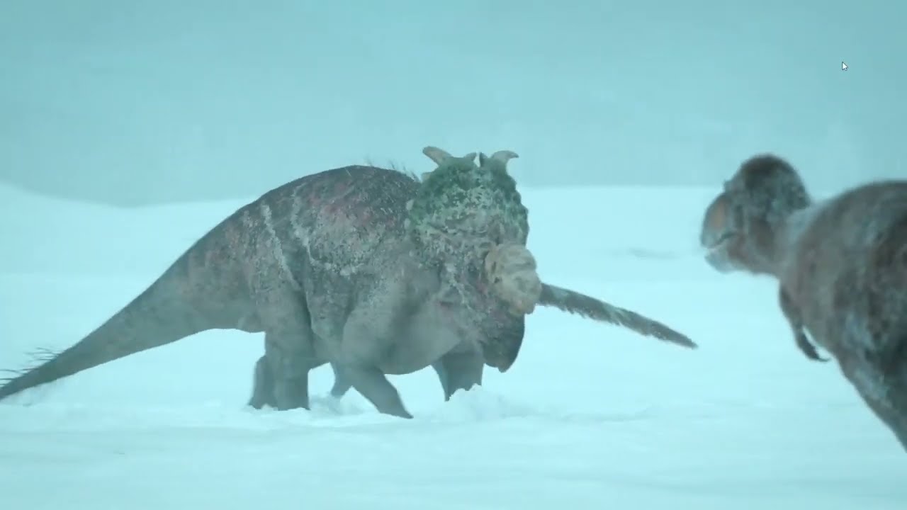 Prehistoric Planet- Nanuqsaurus gang hunt Pachyrhinosaurus during a blizzard - Apple TV