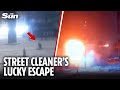 Moment Ukrainian street cleaner carries on working as Shahed drone lands next to him