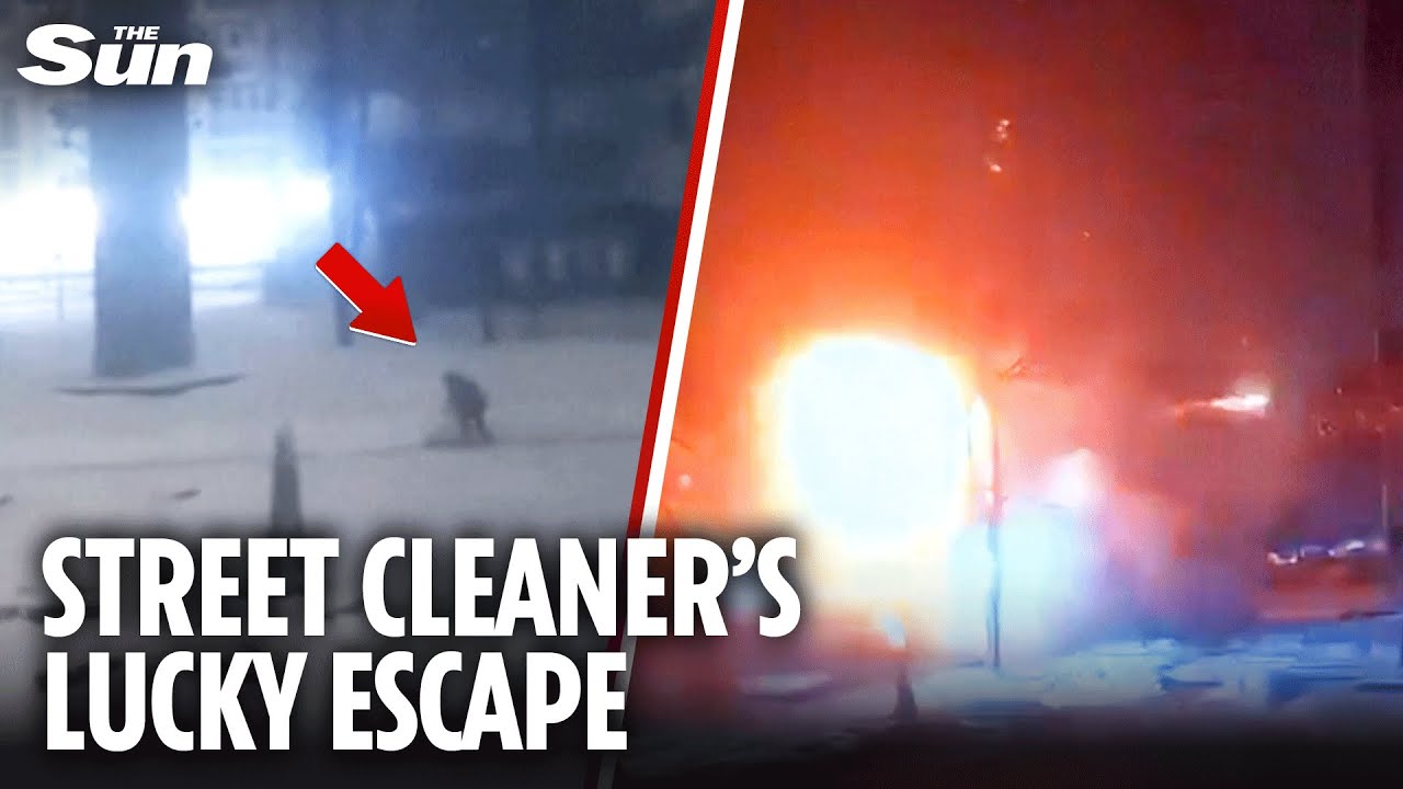 Moment Ukrainian street cleaner carries on working as Shahed drone lands next to him