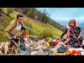 Cooking by the waterfall making meat roll with difficult conditions in the alta village  iran