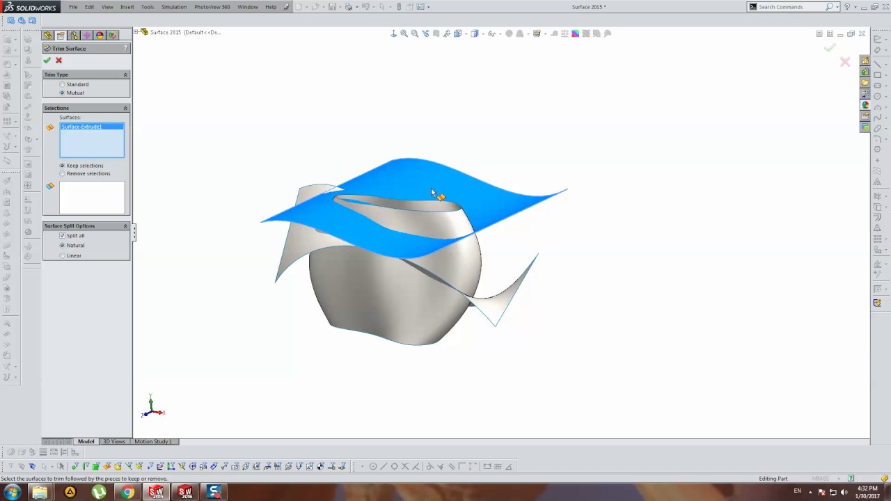 Mutual Surfaces Trimming and Solid Creation - SolidWorks Tutorial - YouTube