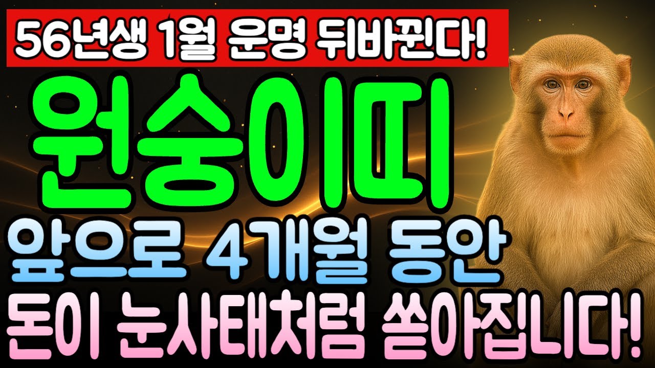 원숭이띠 2026년 1월 운세 병신년생 70세 1956년생 돈벼락 맞는다! 재물운 상승 폭주하며 횡재 터지는 시기, 원숭이띠 억만금 부르는 대운 시작점 여기 다 있습니다.