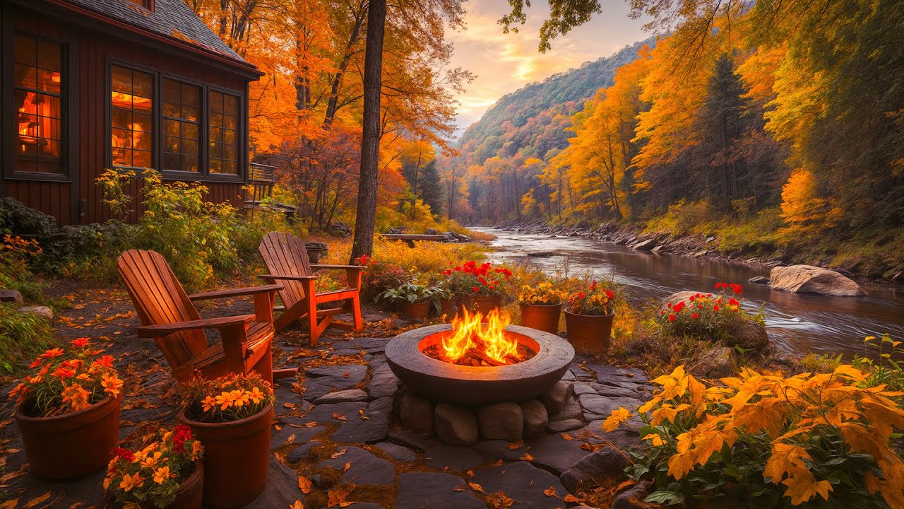 🌅 Golden Autumn Riverside Cabin Ambience 🍁 Gentle River Flow, Warm Campfire & Fall Forest Sounds