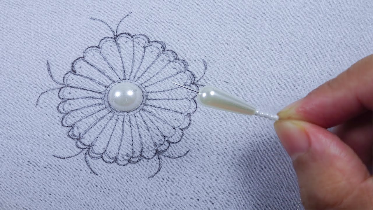 beaded white flower amazing hand embroidery floral design with drop beads