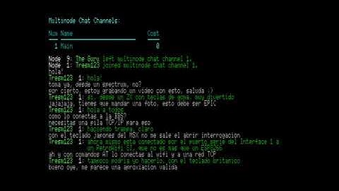 HispaMSX BBS multinode chat between a MSX turboR and a Spectrum 48K "gomas" (Spanish only)