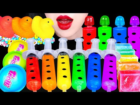ASMR RAINBOW JELLO SHOOTER 무지개 <strong>젤로</strong> 슈터, 주사기 <strong>젤리</strong> 먹방 PEEPS MARSHMALLOW, JELLY GUMMY EATING SOUNDS MUKBANG