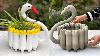 Simple and beautiful - Beautiful cement swan flower pot from old plastic bottles, old fabric