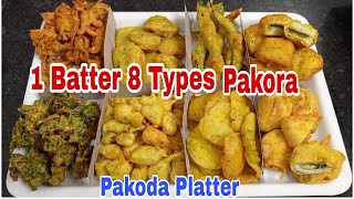 1 Batter 8 Types Of Pakora | How To Make Mix Pakoda Platter | Indian Snacks Recipe | Bhajiya Recipe