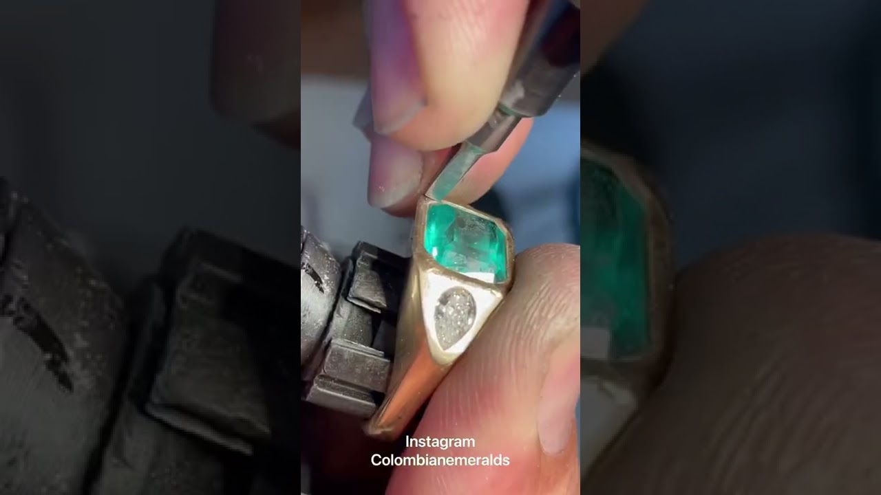 Three stone top quality emerald cut Colombian emerald and pear diamond signet bezel ring 18K