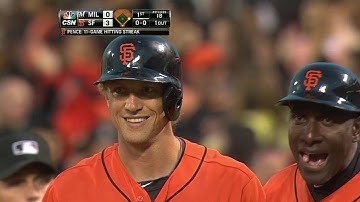 MIL@SF: Pence sneaks single to center to plate Panda