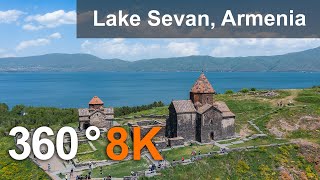 Sevan Lake, Sevanavank Monastery, Armenia. Aerial 360 video in 8K. Virtual travel