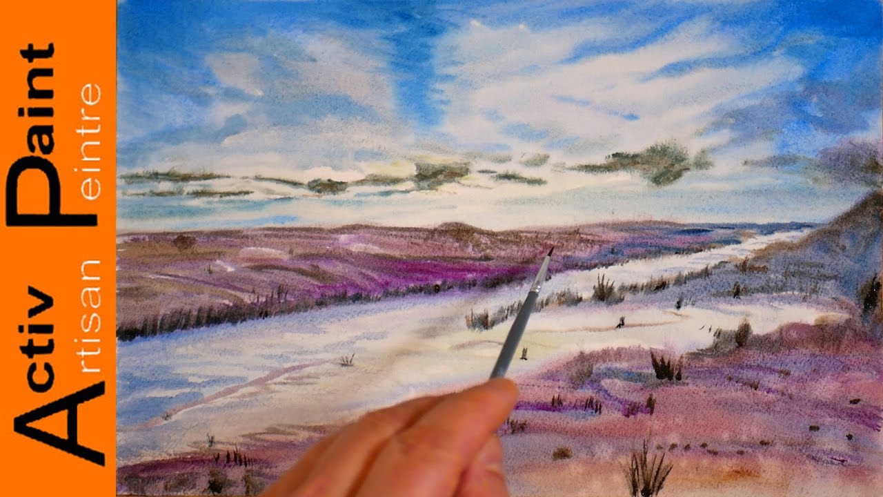 دمو نقاشی آبرنگ منظره بنفش Purple landscape watercolor painting demo ...