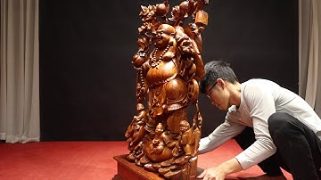 Tượng gỗ Di lặc ngũ phúc vác cành đào gỗ hương ta siêu vân đẹp sắc nét | xưởng_tượng_gỗ