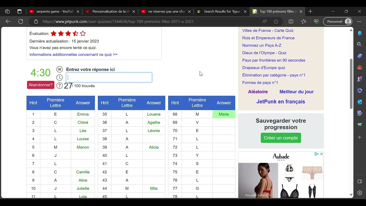 Top 100 prénoms filles : quizz