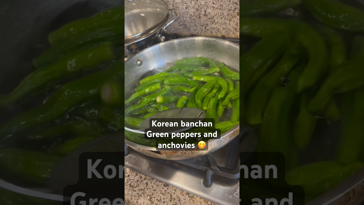 Making Korean Banchan. Pan fried green peppers and anchovies korean 