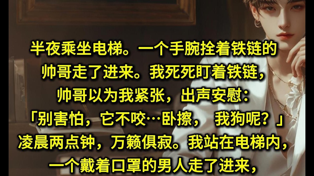 半夜乘坐电梯。一个手腕拴着铁链的帅哥走了进来。我死死盯着铁链，帅哥以为我紧张，出声安慰：「别害怕，它不咬…卧擦，我狗呢？」凌晨两点钟，万籁俱寂。我站在电梯内，一个戴着口罩的男人走了进来，眉眼好看极了。