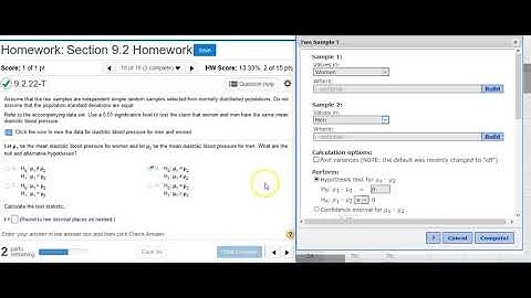 Using StatCrunch to perform hypothesis testing on two independent means of blood pressures
