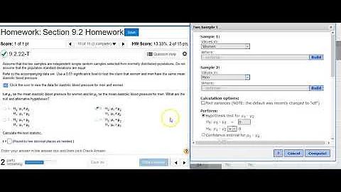 Using StatCrunch to perform hypothesis testing on two independent means of blood pressures