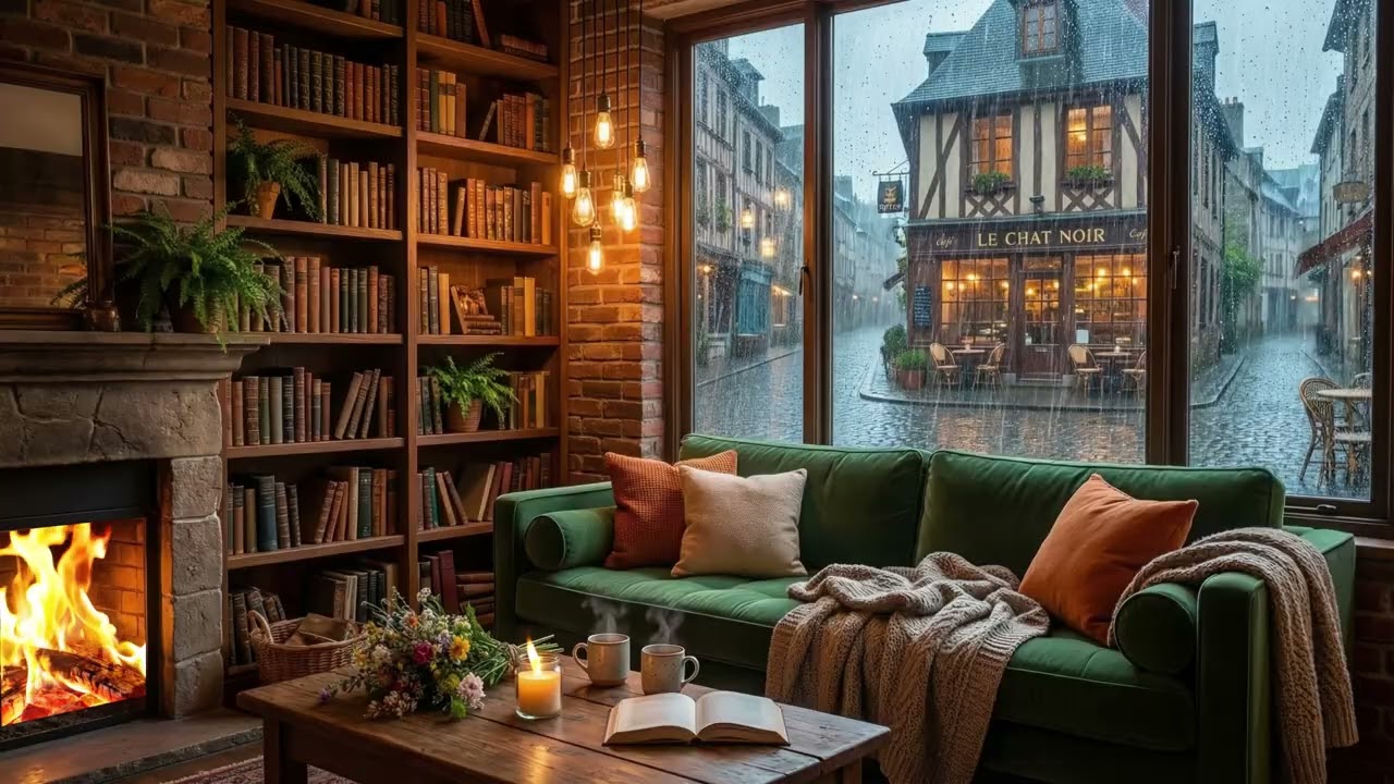 Rainy Paris Night Window 🌧🔥 Cozy Fireplace Ambience for Sleep and Relaxation