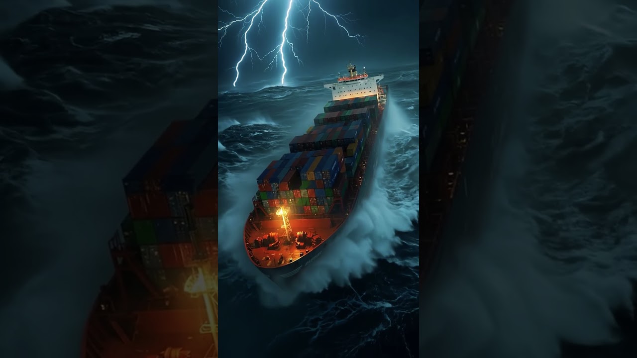 Midnight Voyage Cargo Ship Sailing Through Heavy Rain