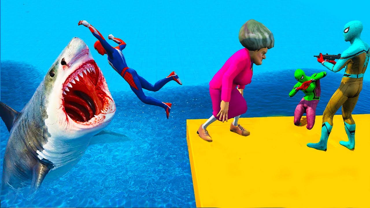 Scary Teacher 3D - Spiderman vs Miss'T Shark Battle. Spiderman Jump in Shark Sea - Game Animation
